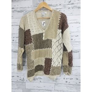 Vintage DBL Womens Medium Patchwork Knit Sweater Brown Ramie Cotton V Neck